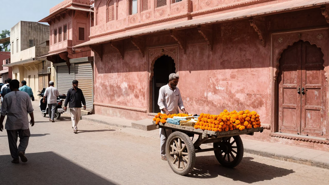 Busy Jaipur street scene under harsh noon light with vendors and traditional architecture in in Jaipur, India