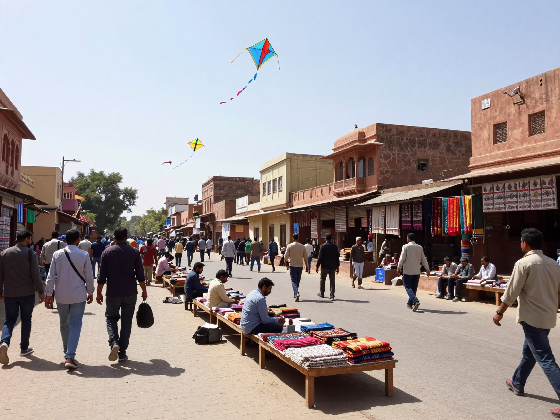 Busy Jaipur Street Scene Under Noon Sun with Kites and Local Life in in Jaipur, India
