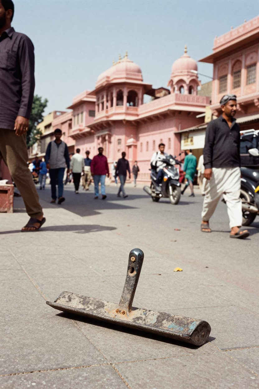 Busy Jaipur Street Scene with Boot Scraper and Traditional Architecture in in Jaipur, India
