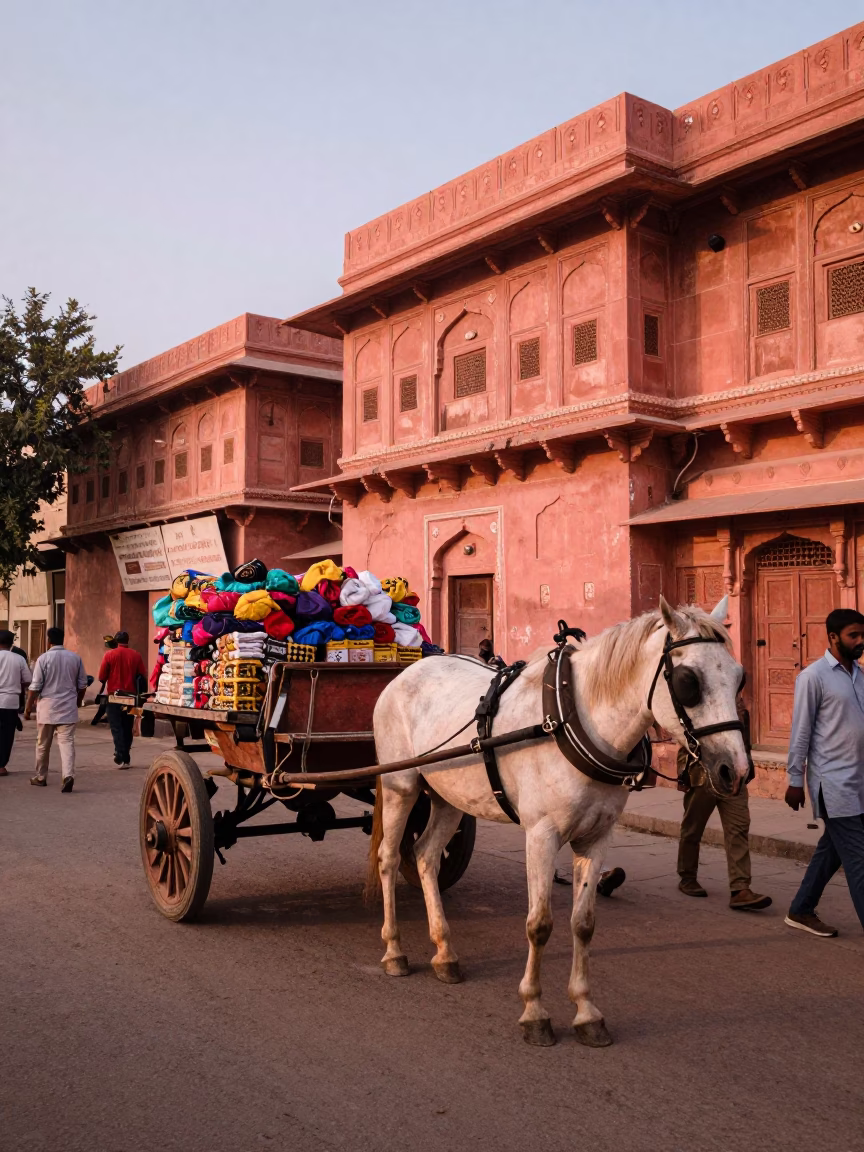 Busy Jaipur street scene with horse cart and terracotta pots in copper dusk light in in Jaipur, India