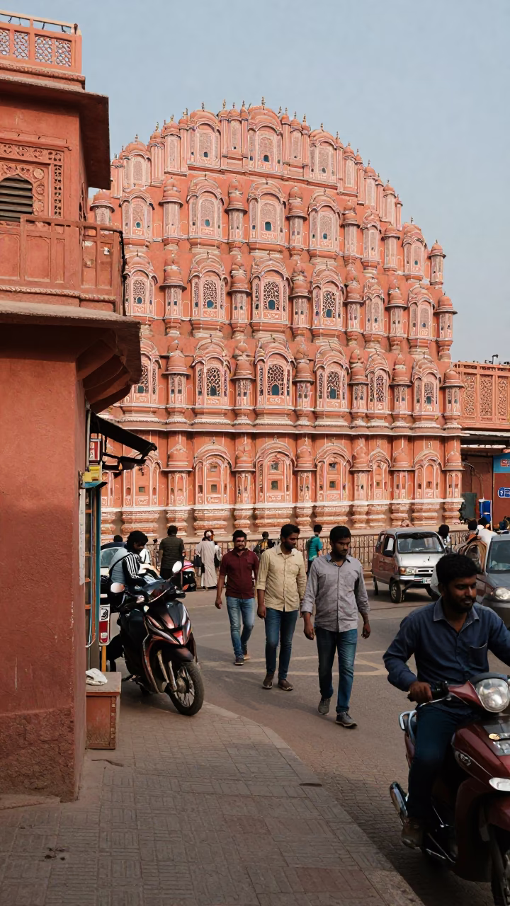 Busy Jaipur Street Scene with Pink Sandstone Architecture and Local Traffic in in Jaipur, India