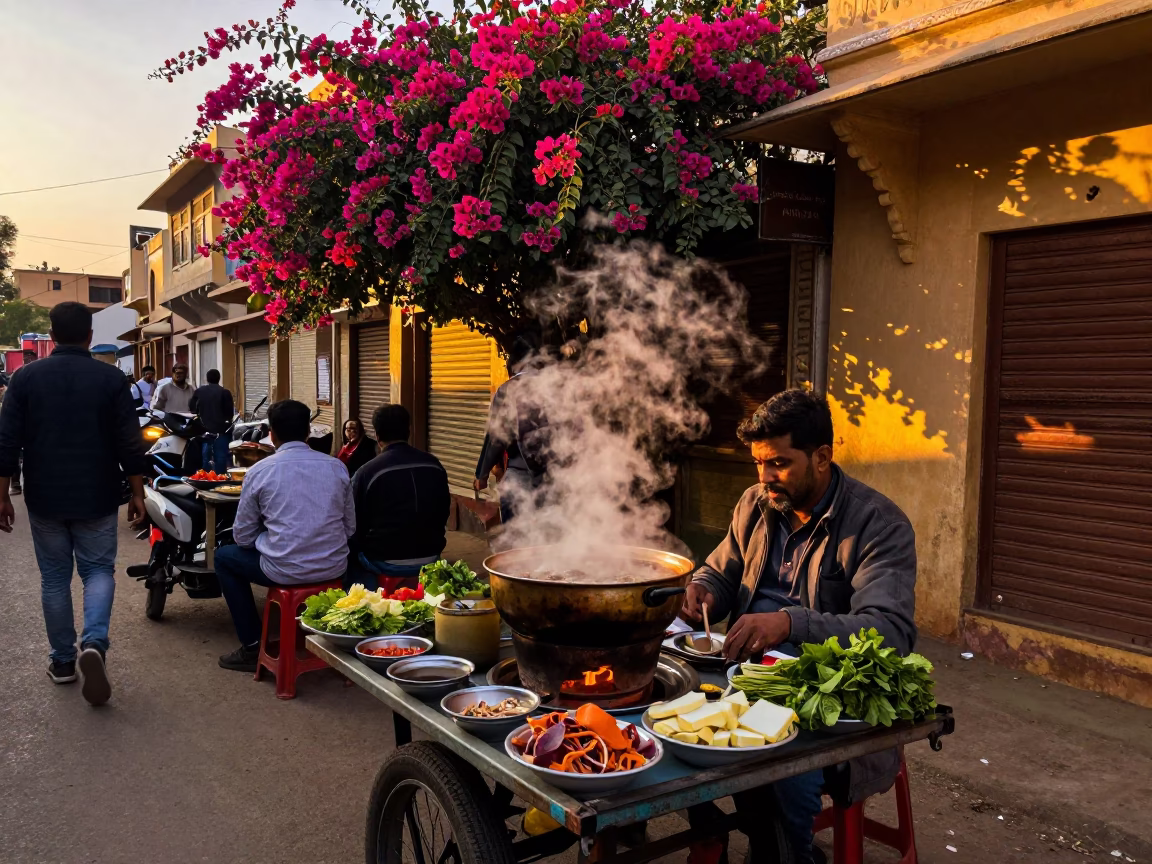 Busy Jaipur Street Scene with Steaming Hotpot and Bougainvillea in Honeyed Evening Light in in Jaipur, India