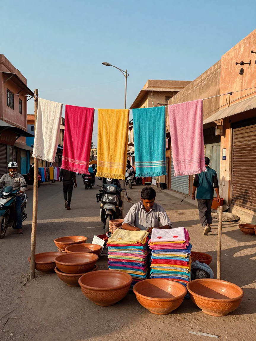 Busy Jaipur Street Scene with Terracotta Bowls and Drying Towels in Late Afternoon Light in in Jaipur, India