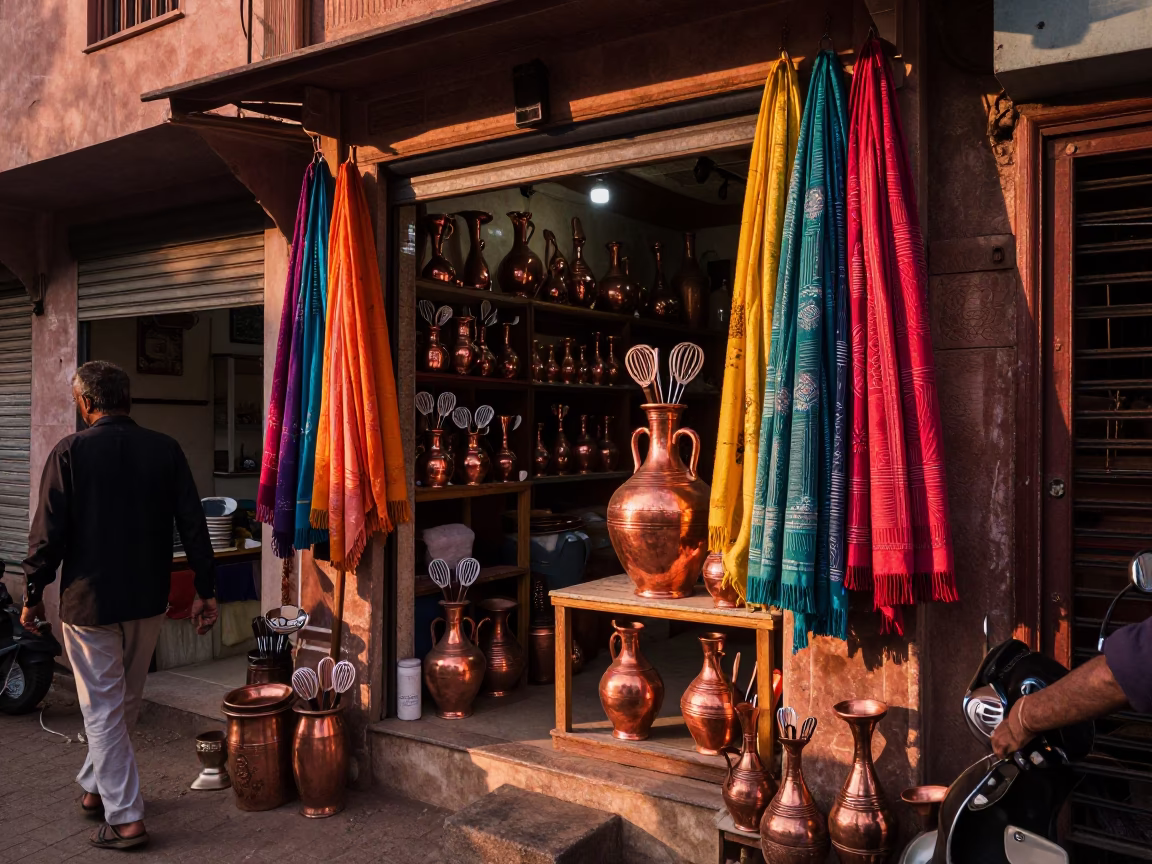 Busy Jaipur Street Scene with Vase and Whisks in Copper Dusk Light in in Jaipur, India