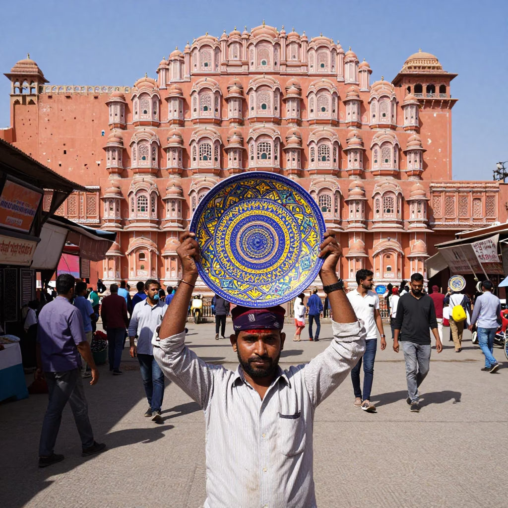 Busy Jaipur Street Scene with Vintage Majolica Plate and Local Commerce in in Jaipur, India