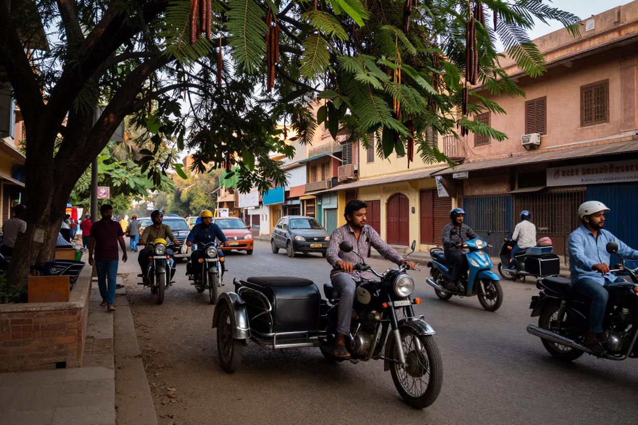 Busy Jaipur Street Scene with Vintage Motorcycle and Tamarind Tree in First Light in in Jaipur, India