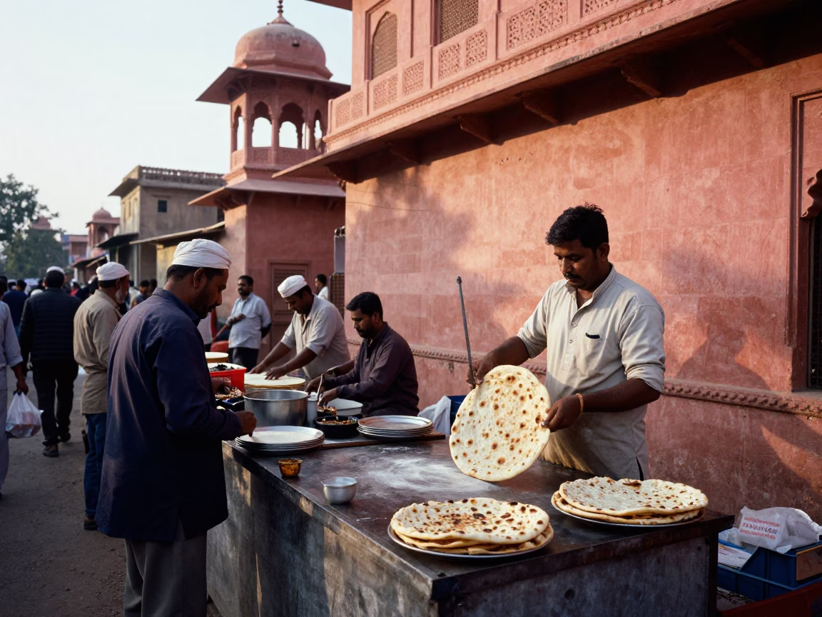 Busy Jaipur Street Stall Cooking Fresh Tandoori Naan at Dawn Light in in Jaipur, India