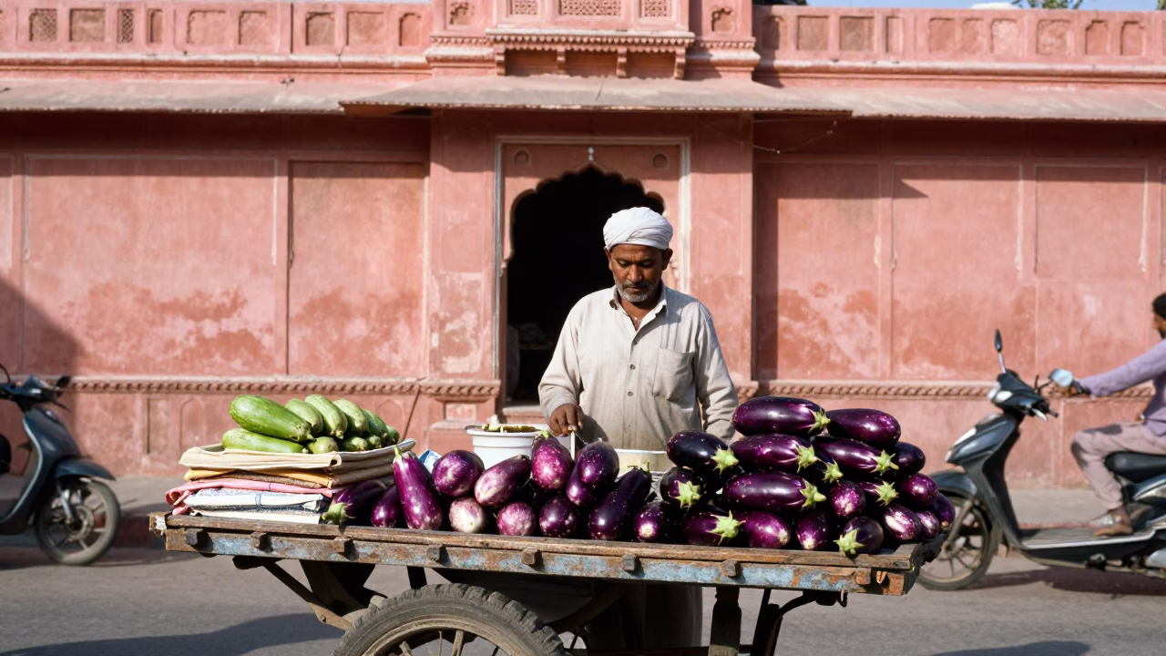Busy Jaipur Street Vendor with Eggplants and Traditional Pink Architecture at Midday in in Jaipur, India