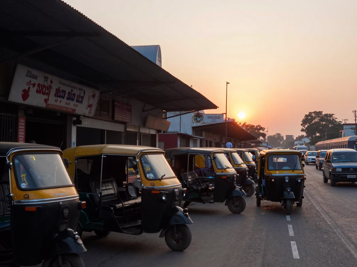Busy Jaipur Taxi Rank Outside Train Station at Twilight with Pink City Architecture in in Jaipur, India