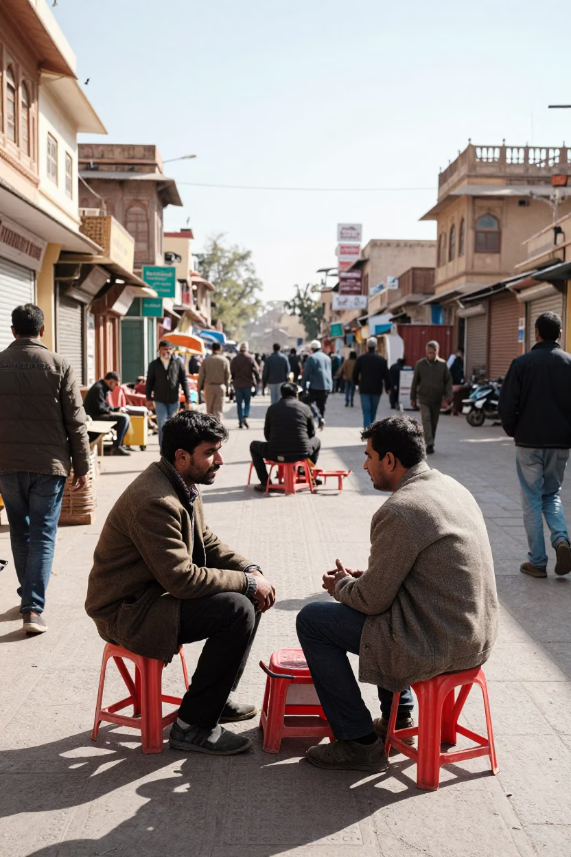 Busy Jaipur Winter Noon Street Scene with Folding Stools and Cardigans in in Jaipur, India