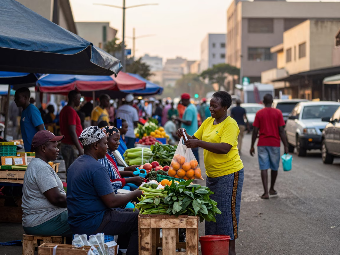 Busy Johannesburg Dawn Street Market Scene with Local Vendors and Early Morning Activity in in Johannesburg, South Africa