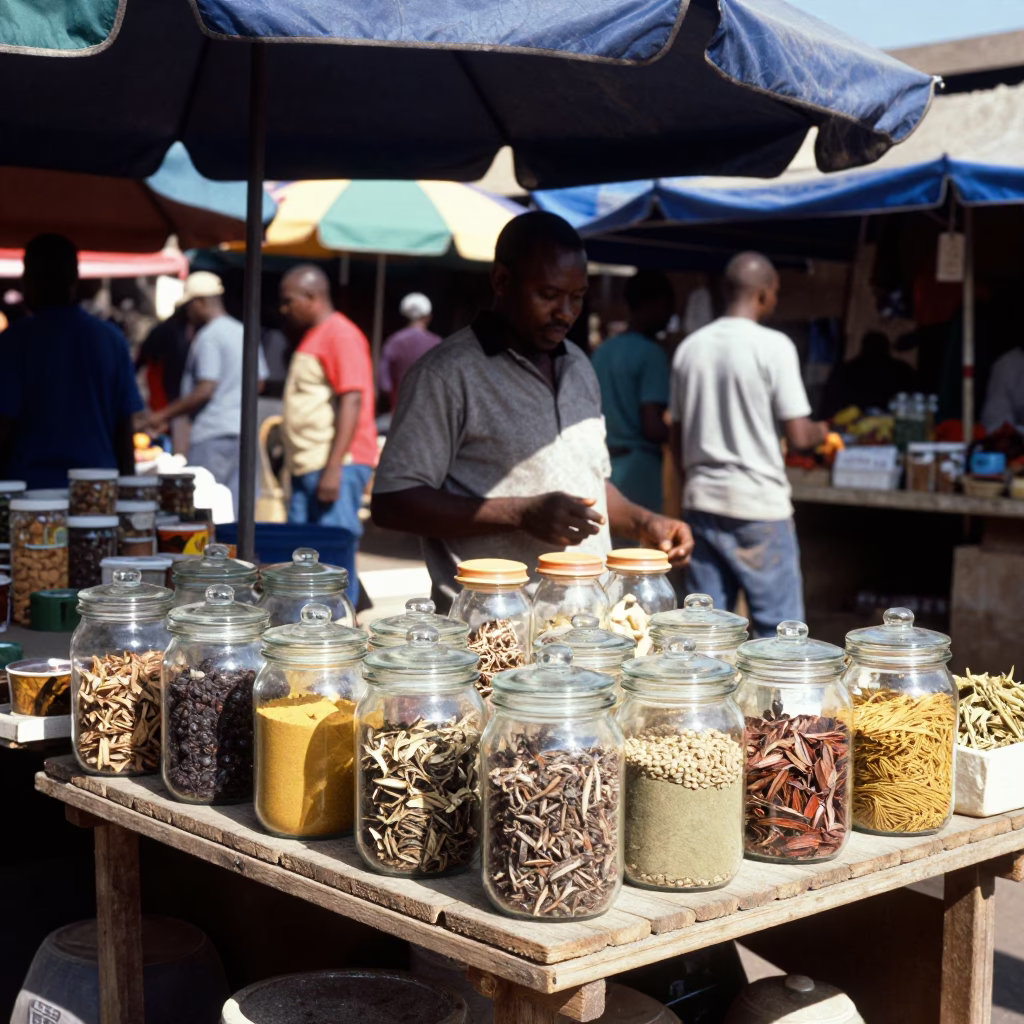 Busy Johannesburg Market Stall Midday Sunlight Over Glass Jars and Ceramic Containers in in Johannesburg, South Africa