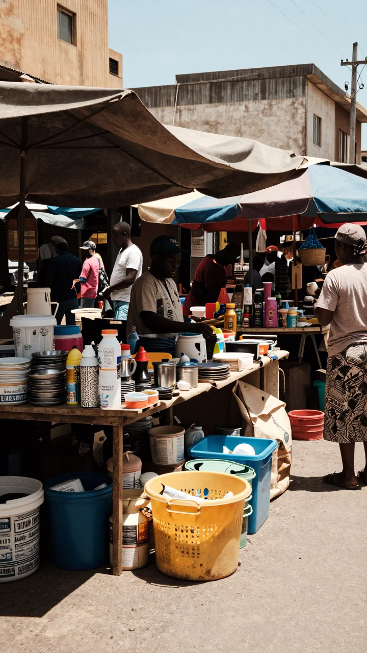 Busy Johannesburg Market Stall Under Flat Noon Sun With Domestic Items in in Johannesburg, South Africa