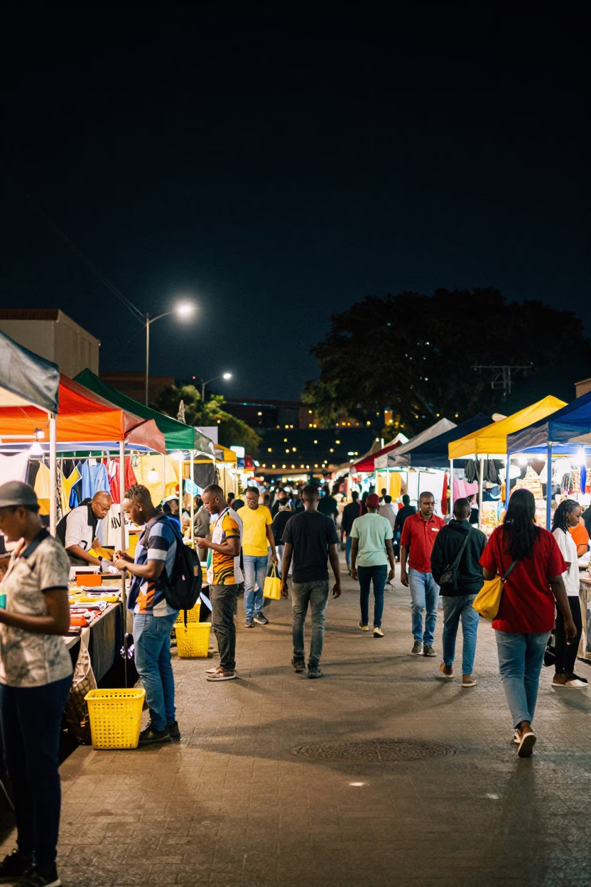 Busy Johannesburg Night Market Street Scene Under Deep Night Sky in in Johannesburg, South Africa