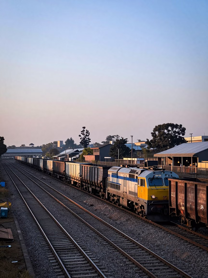 Busy Johannesburg Rail Yard at Dawn with Freight Train and Workers in in Johannesburg, South Africa