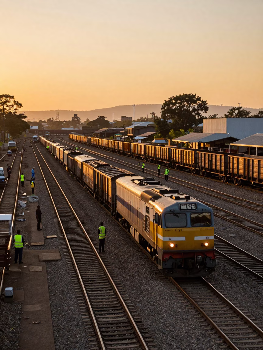 Busy Johannesburg Rail Yard at Sunset with Freight Train and Urban Infrastructure in in Johannesburg, South Africa