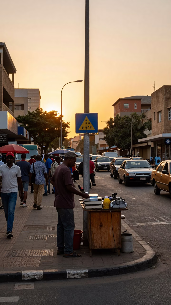 Busy Johannesburg street corner at sunset with vintage 1980s commerce and local life in in Johannesburg, South Africa