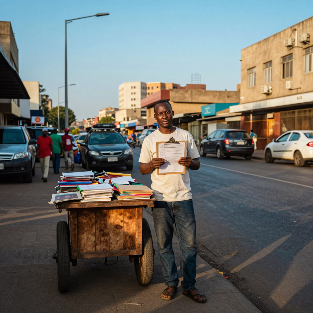 Busy Johannesburg Street Corner Late Afternoon with Clipboard and Apples in in Johannesburg, South Africa