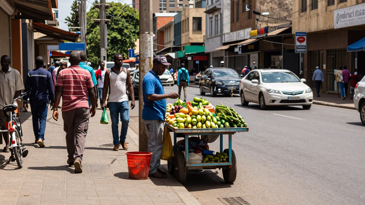 Busy Johannesburg street corner scene under flat noon light in in Johannesburg, South Africa