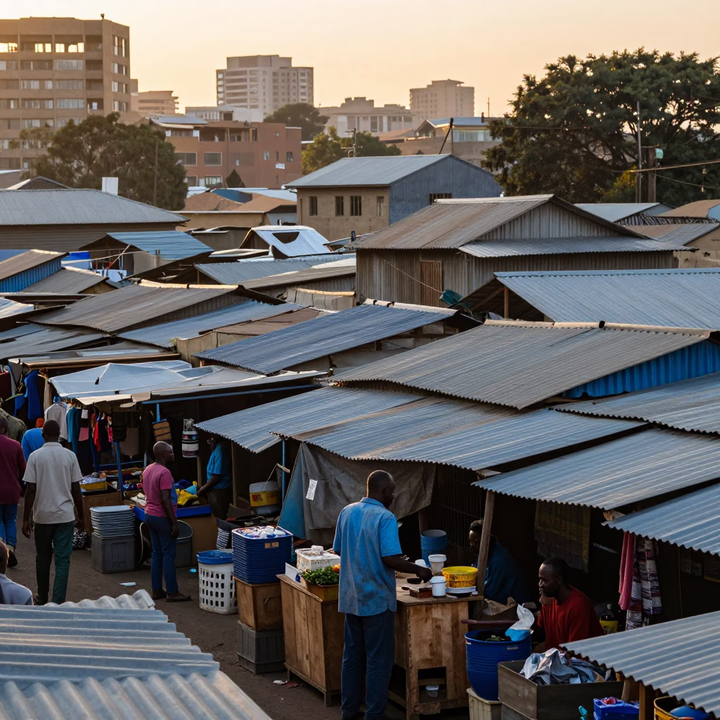 Busy Johannesburg street market at first light dawn with vendors and daily commerce in in Johannesburg, South Africa