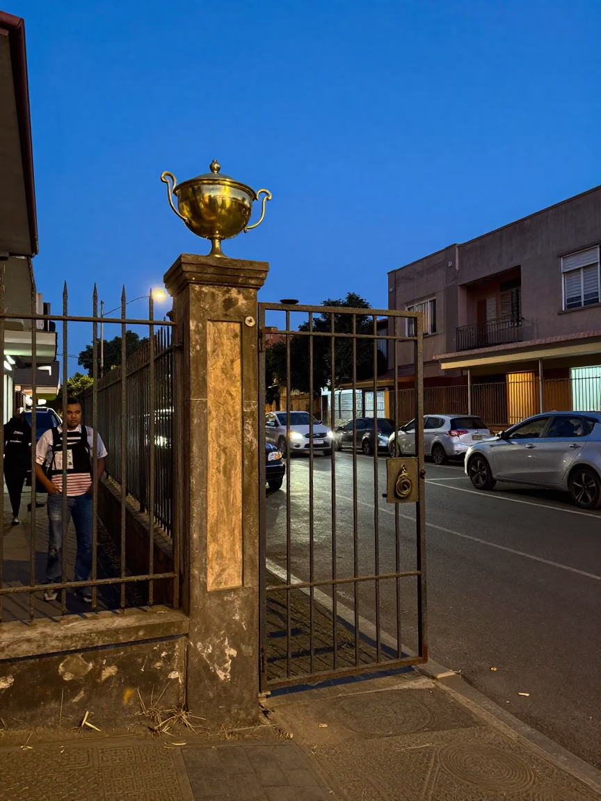 Busy Johannesburg Street Scene at Blue Hour with Garden Gate and Brass Frame in in Johannesburg, South Africa
