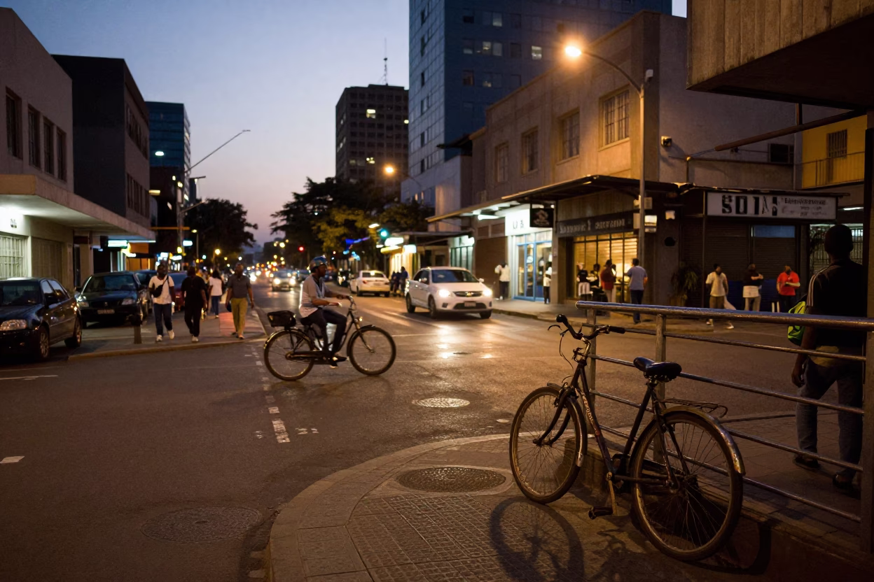 Busy Johannesburg Street Scene at Dusk with Bicycle and Urban Architecture in in Johannesburg, South Africa