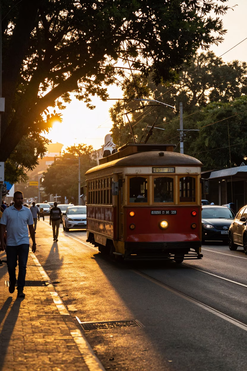 Busy Johannesburg Street Scene at Sunset with Old Trolley and Papaya Tree in in Johannesburg, South Africa