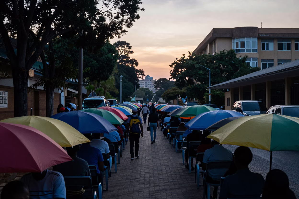 Busy Johannesburg Street Scene Before Sunrise with Umbrellas and Urban Life in in Johannesburg, South Africa