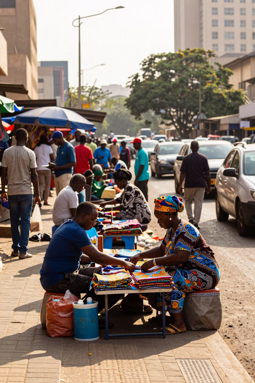 Busy Johannesburg Street Scene Early Afternoon with Local Market Stalls and Pedestrians in in Johannesburg, South Africa