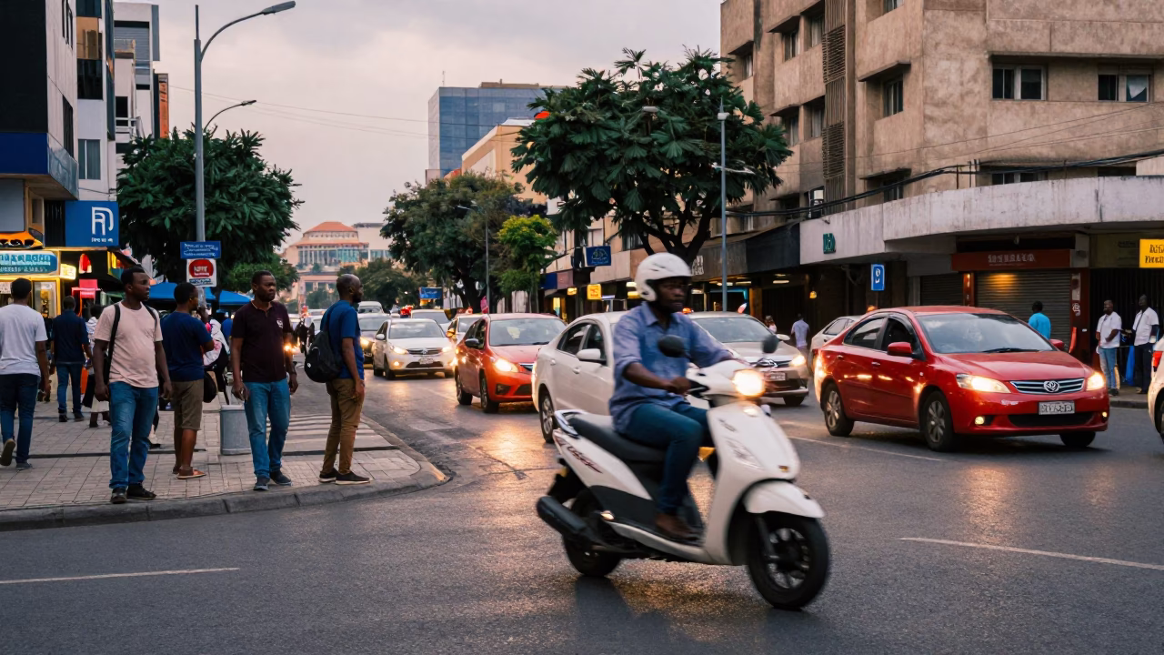 Busy Johannesburg Street Scene Early Evening with Scooter and Local Shop Details in in Johannesburg, South Africa