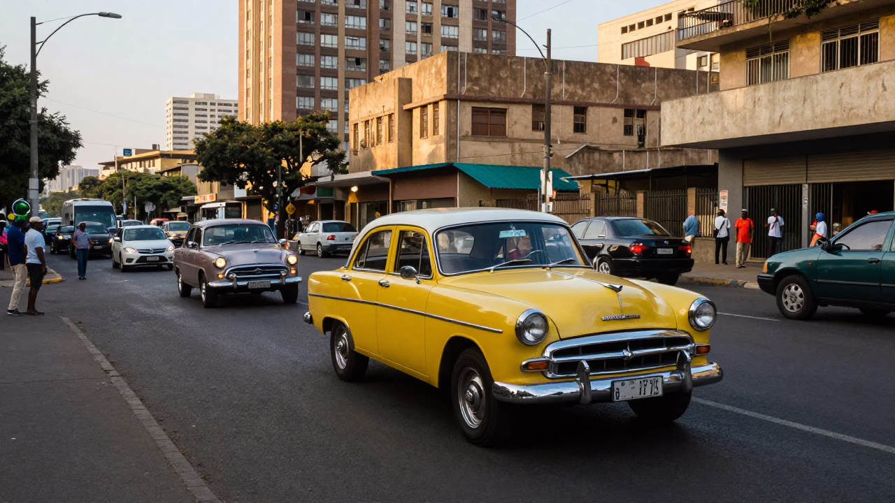 Busy Johannesburg Street Scene Late Afternoon with Vintage Cars and Pedestrians in in Johannesburg, South Africa