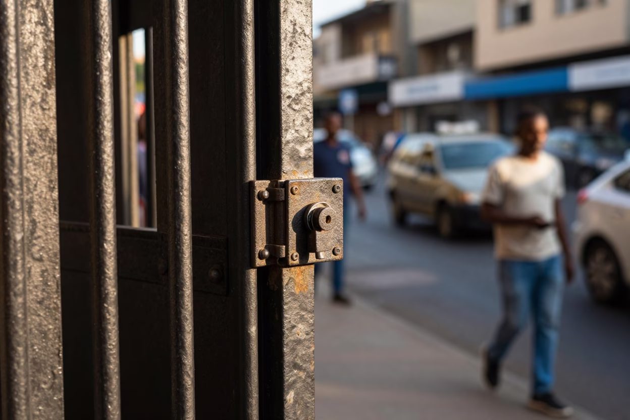 Busy Johannesburg Street Scene Late Morning with Iron Deadbolt and Toolbox in in Johannesburg, South Africa