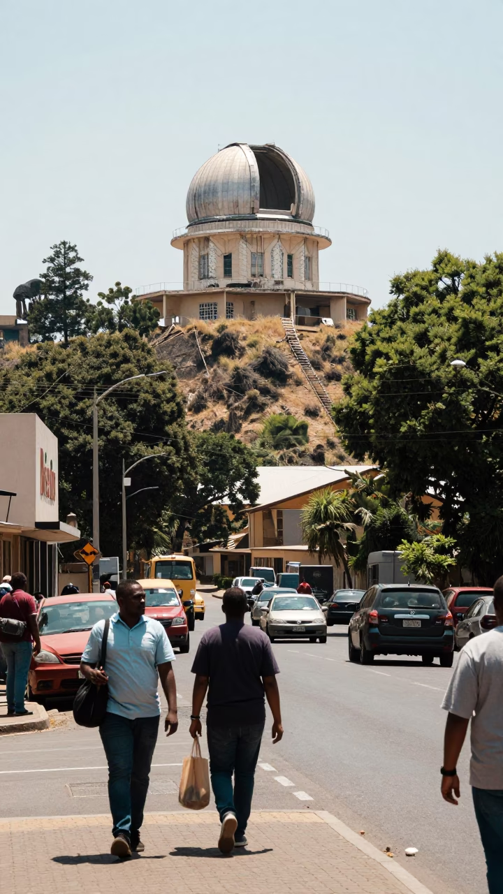 Busy Johannesburg Street Scene Midday with Crumbling Hilltop Observatory Dome Ajar in Background in in Johannesburg, South Africa