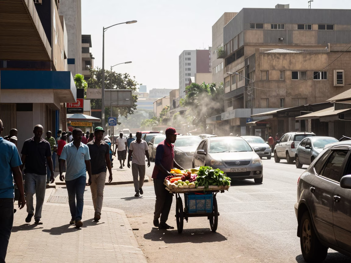 Busy Johannesburg Street Scene Under Flat Noon Glare with Local Market Activity in in Johannesburg, South Africa