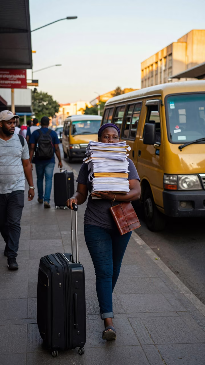 Busy Johannesburg Street Scene with Luggage and Ledger in Early Afternoon Sun in in Johannesburg, South Africa