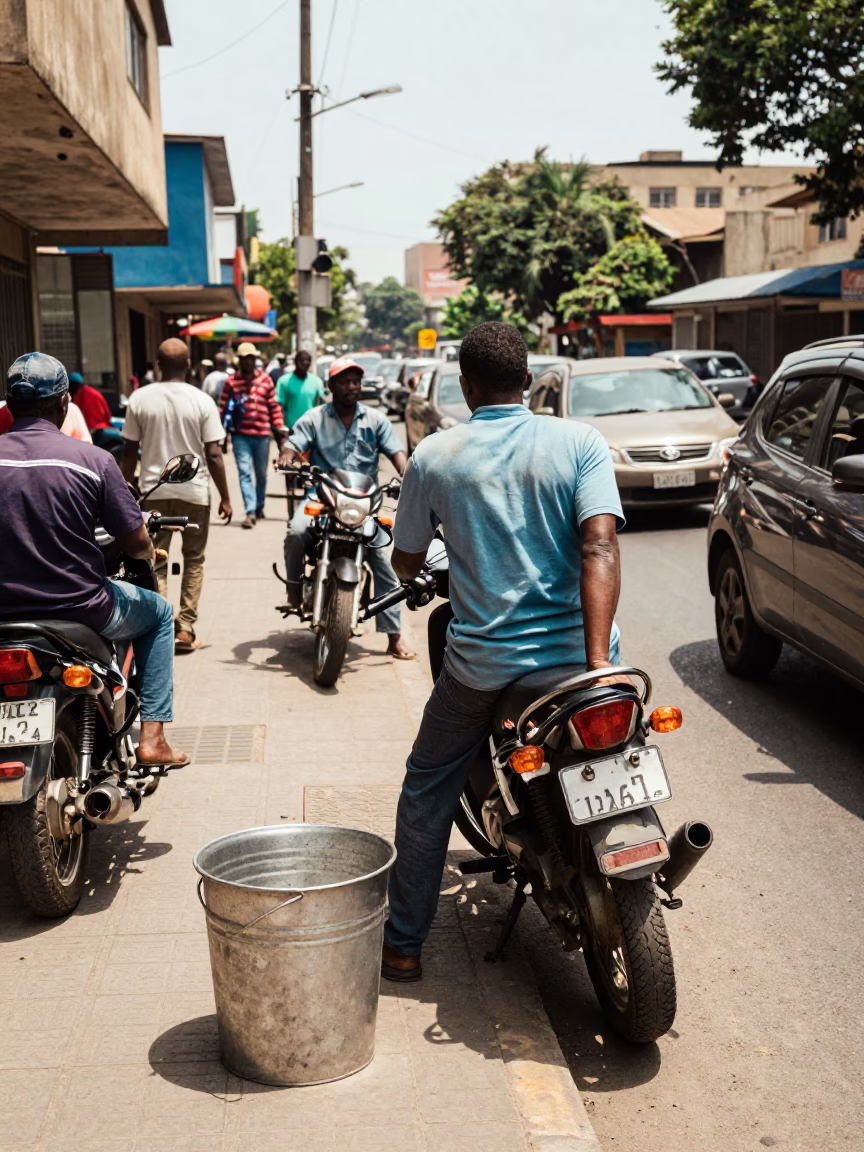 Busy Johannesburg Street Scene with Metal Bucket and Motorcycle in Bright Midmorning Light in in Johannesburg, South Africa