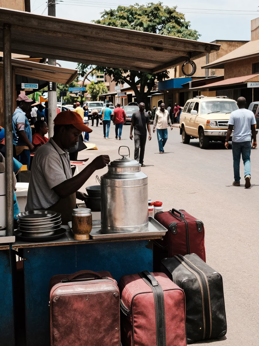 Busy Johannesburg Street Scene with Tea Stall and Luggage at Midday in in Johannesburg, South Africa