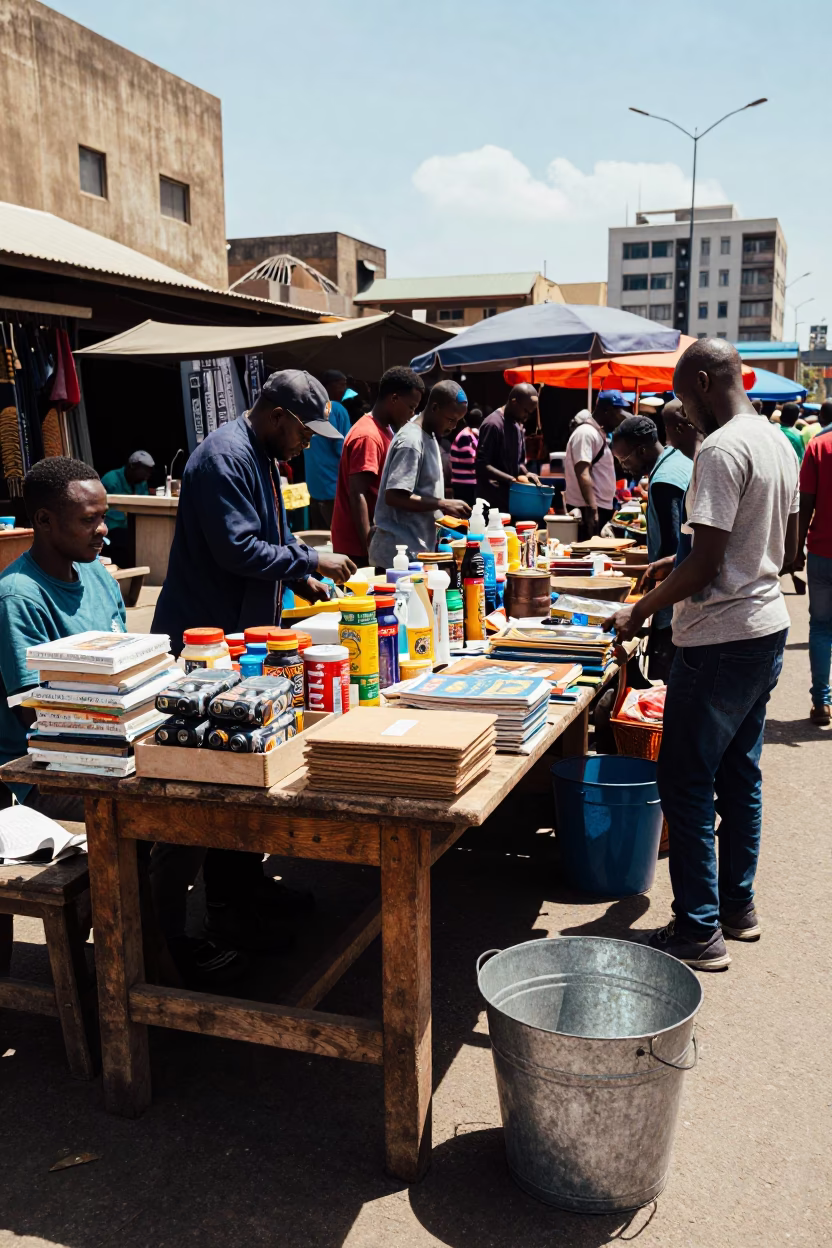 Busy Johannesburg Street Stall in Bright Midmorning Light with Metal Bucket and Rusty Shelf in in Johannesburg, South Africa