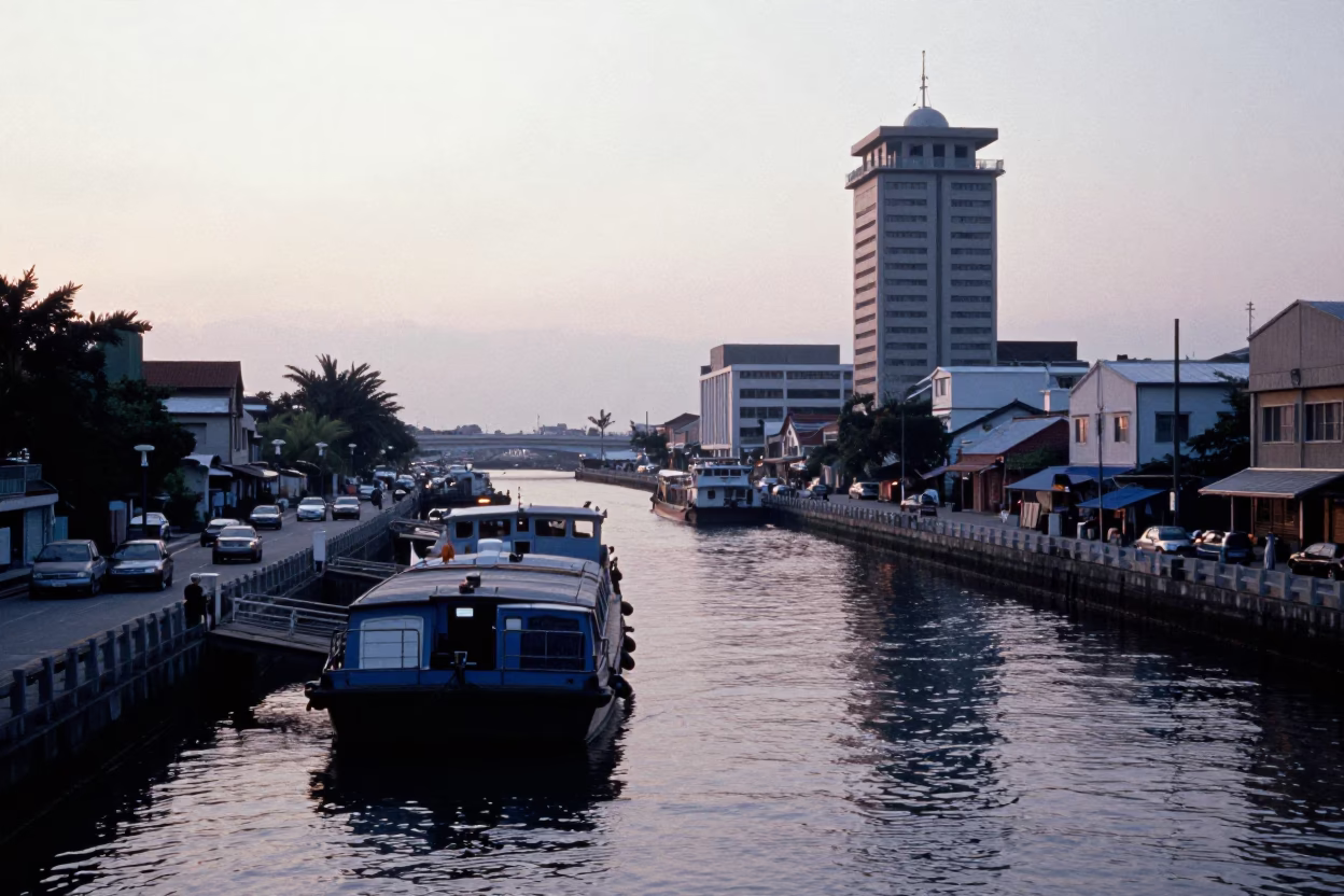 Busy Kaohsiung Early Morning Canal Barge Cargo Delivery Street Scene in in Kaohsiung, Taiwan