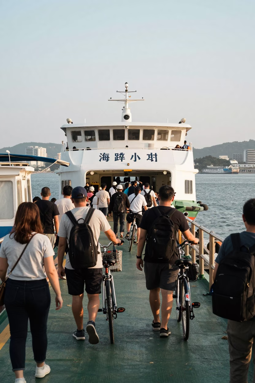 Busy Kaohsiung Ferry Dock Afternoon with Passengers and Bicycles Loading in in Kaohsiung, Taiwan
