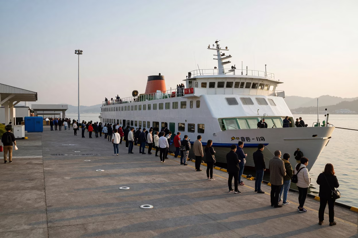 Busy Kaohsiung Ferry Dock at First Light Loading Passengers and Bicycles in Taiwan in in Kaohsiung, Taiwan