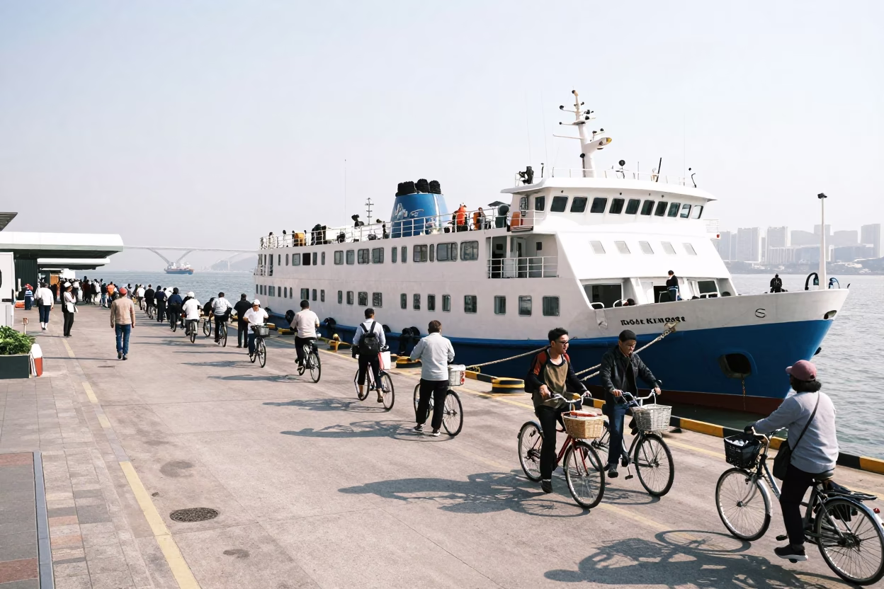 Busy Kaohsiung Ferry Dock in Bright Midmorning Light Loading Passengers and Bicycles in in Kaohsiung, Taiwan