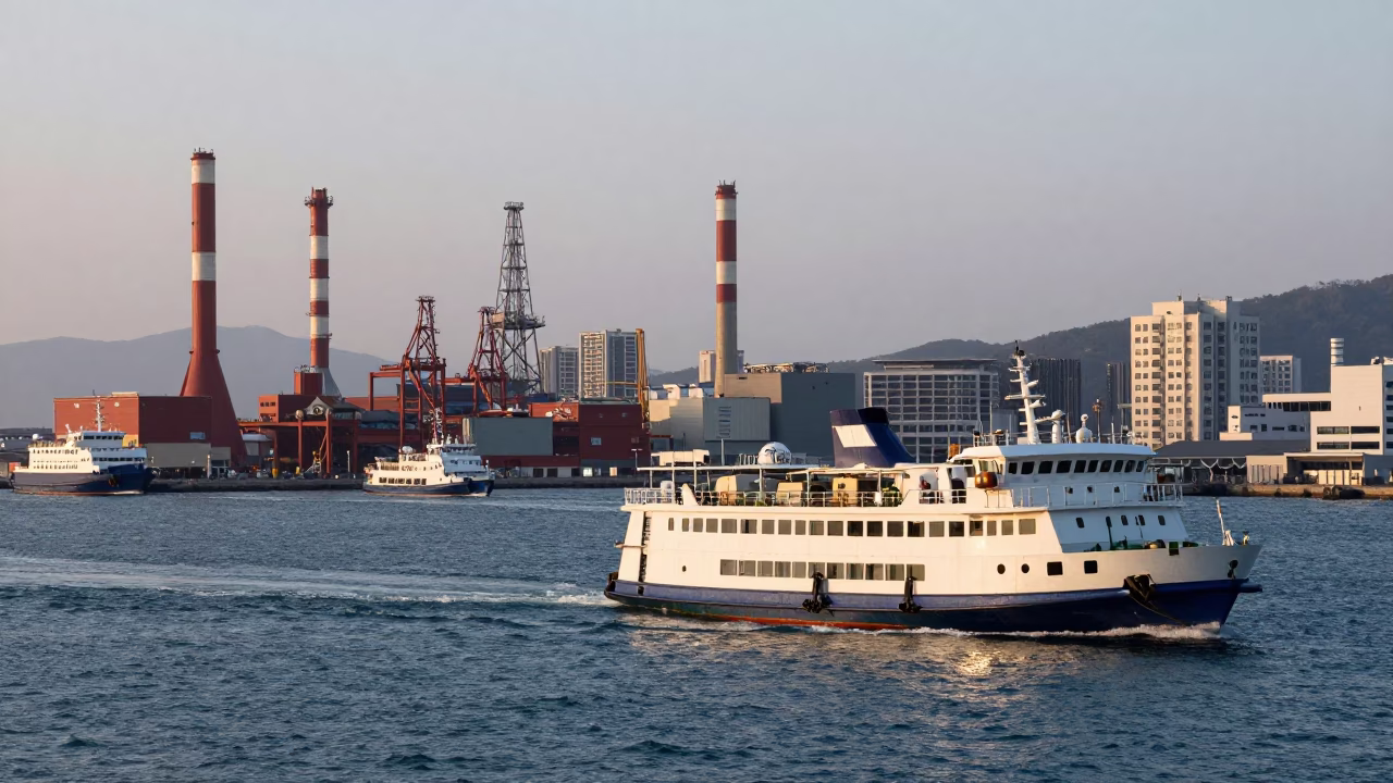 Busy Kaohsiung Harbor at Dawn with Ferry Departing and Mountain Backdrop in in Kaohsiung, Taiwan