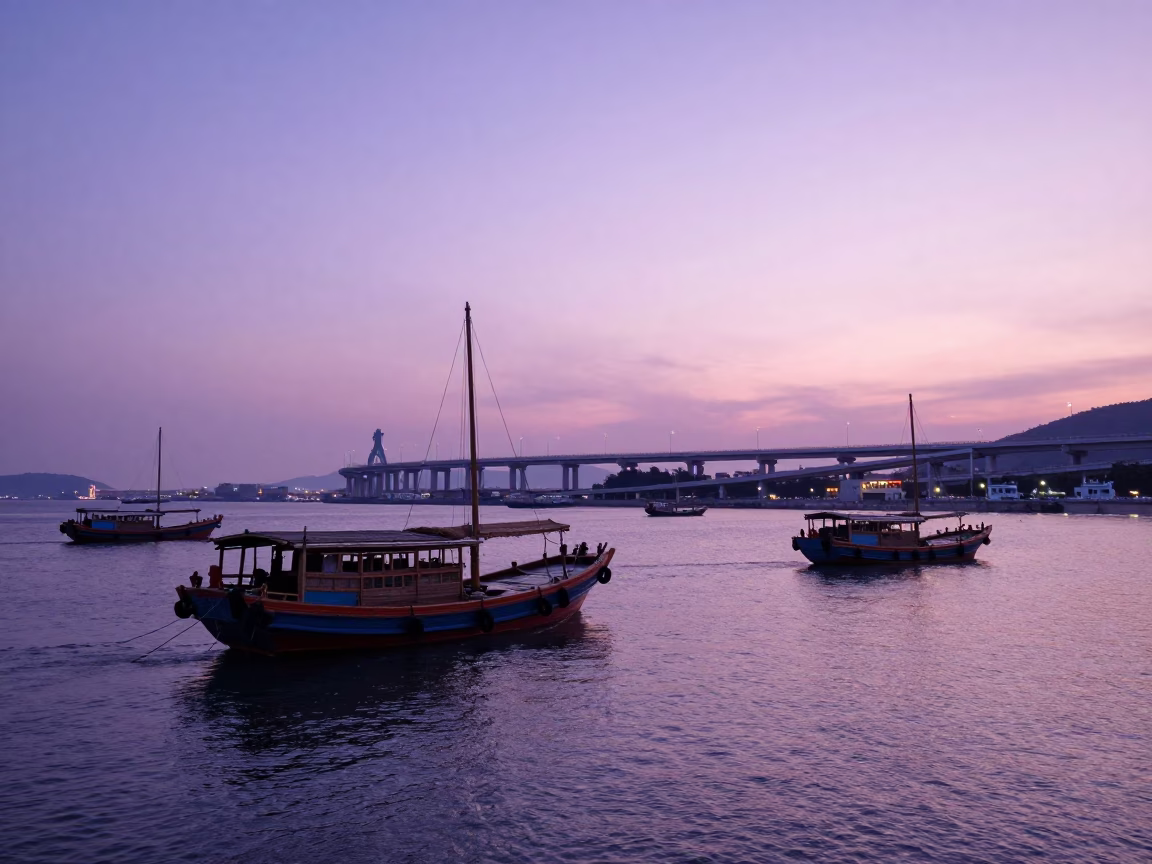 Busy Kaohsiung Harbor Dawn with Junk Boats and Violet Sky Overpass Ramp in in Kaohsiung, Taiwan