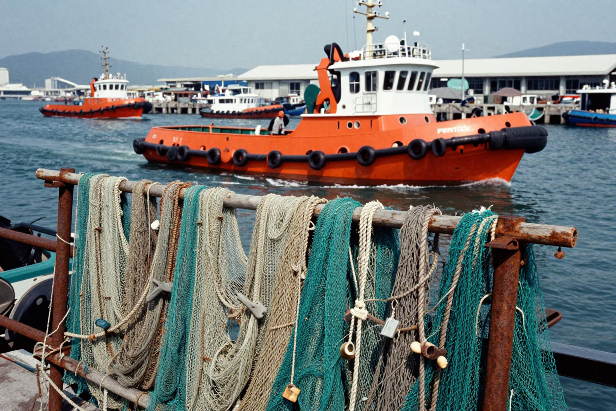 Busy Kaohsiung Harbor Midday Tugboat and Fishing Nets in Taiwan in in Kaohsiung, Taiwan