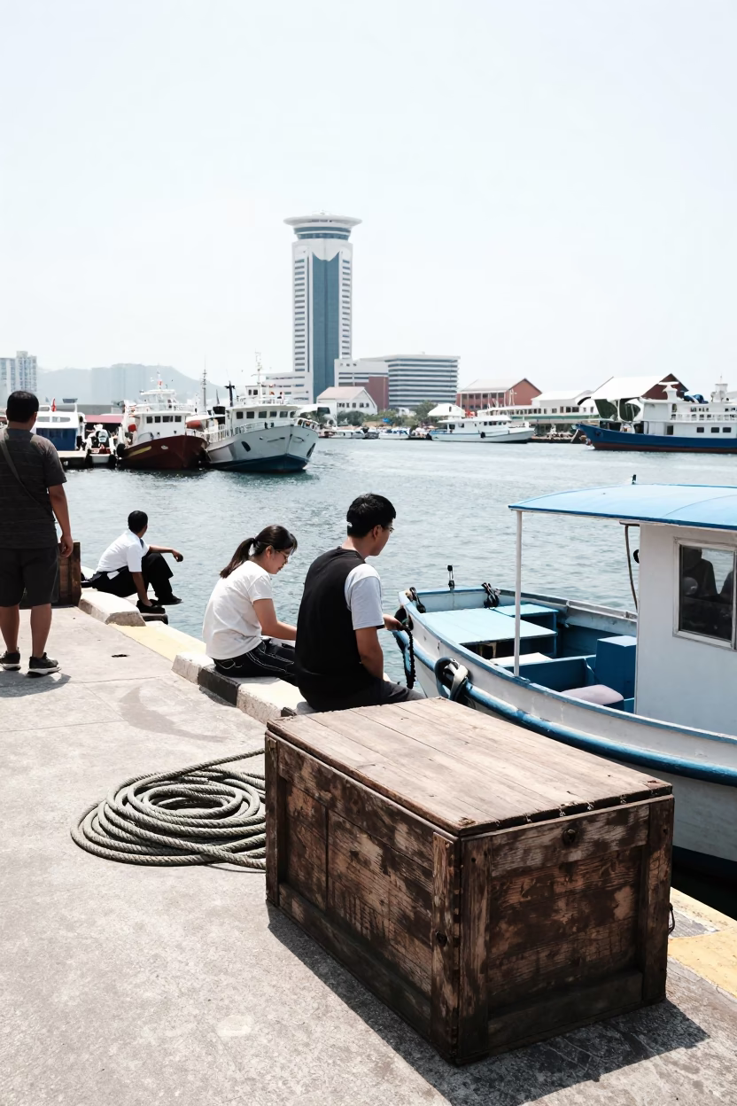 Busy Kaohsiung Harbor Midday with Coiled Rope and Waterfront Activity in in Kaohsiung, Taiwan