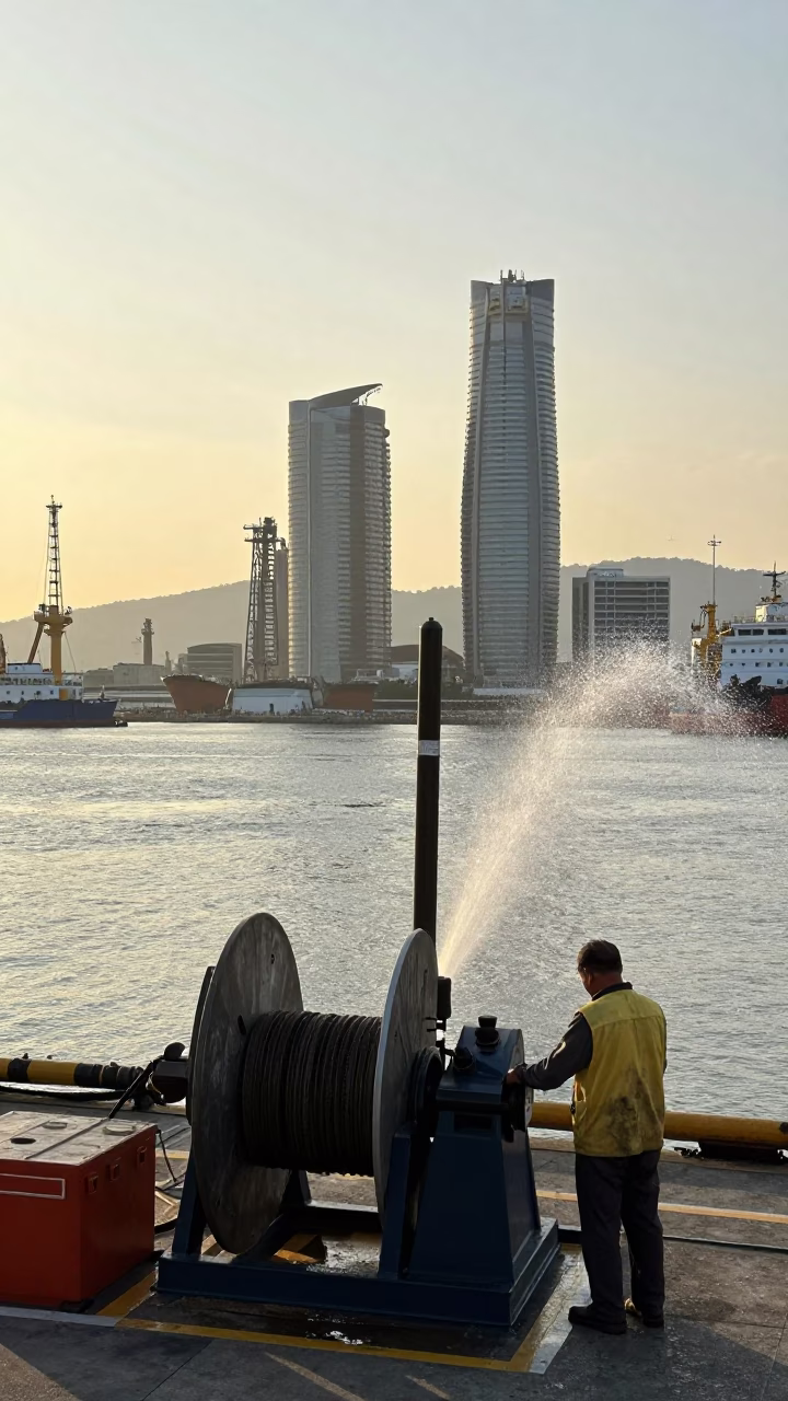 Busy Kaohsiung Harbor Morning Light with Hydrophone Winch and Tin Box Details in in Kaohsiung, Taiwan