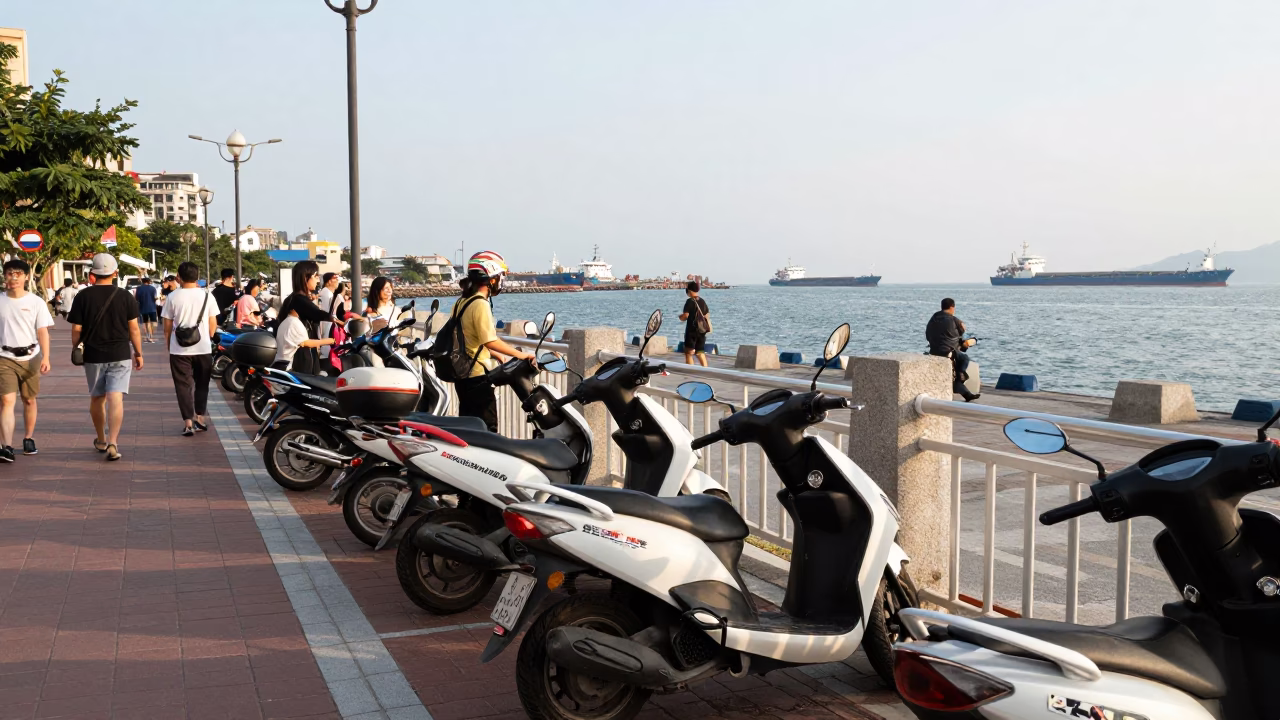 Busy Kaohsiung Harbor Promenade Street Scene with Parked Scooter and Local Vendors in in Kaohsiung, Taiwan