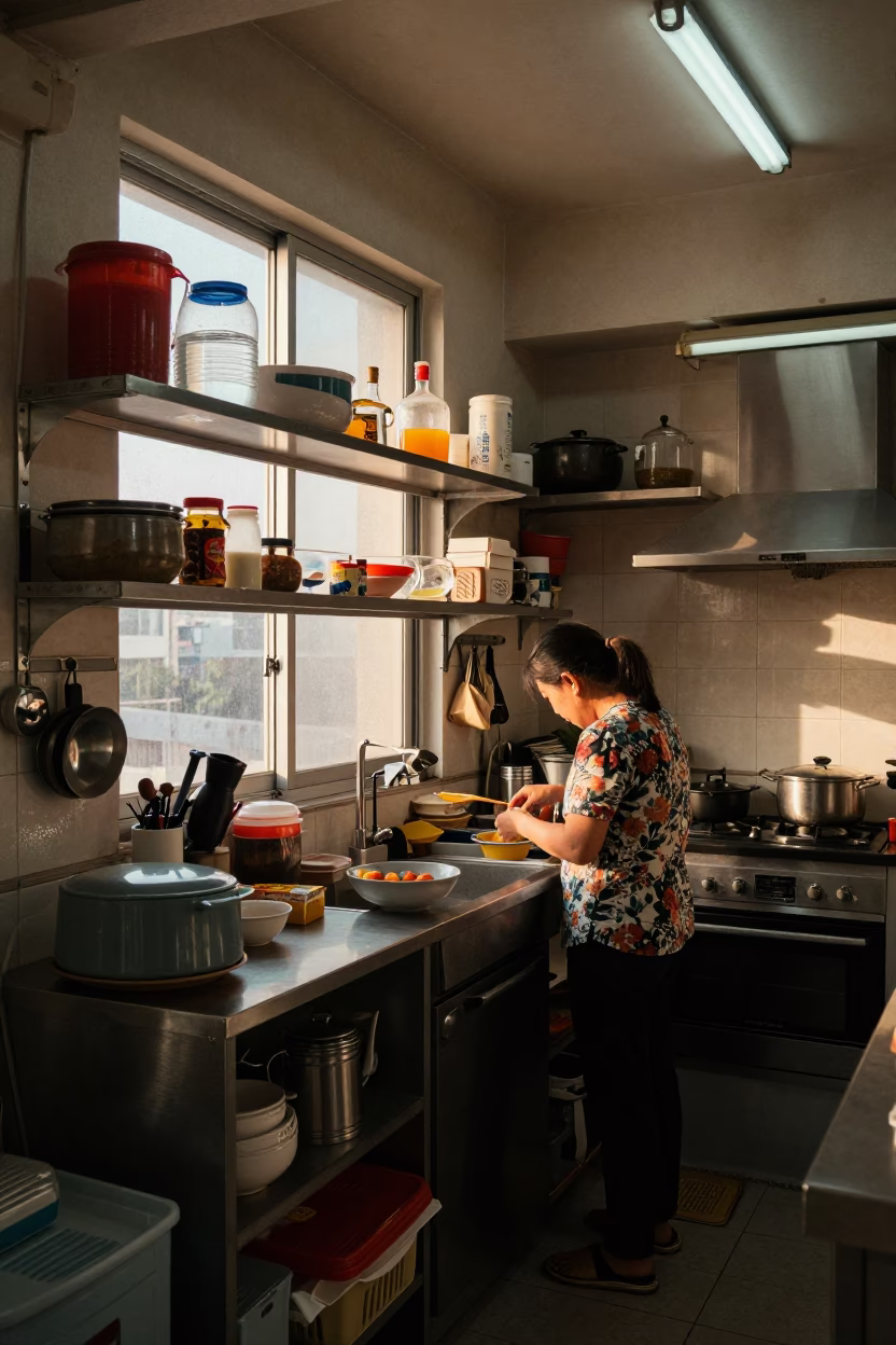 Busy Kaohsiung Kitchen Interior with Brushed Steel Shelves and Rolling Pin in Early Evening in in Kaohsiung, Taiwan
