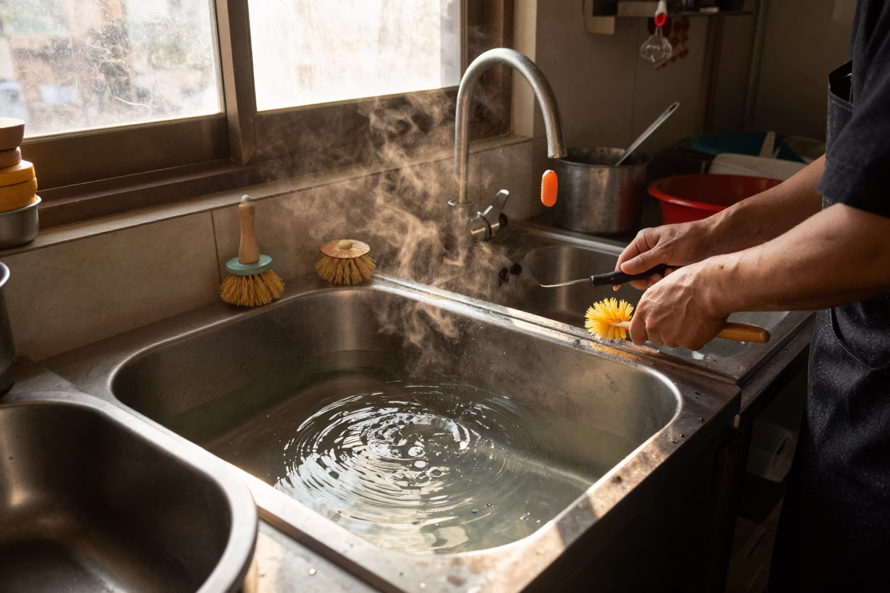 Busy Kaohsiung Kitchen with Dish Brushes and Grease Sheen in Late Afternoon Light in in Kaohsiung, Taiwan